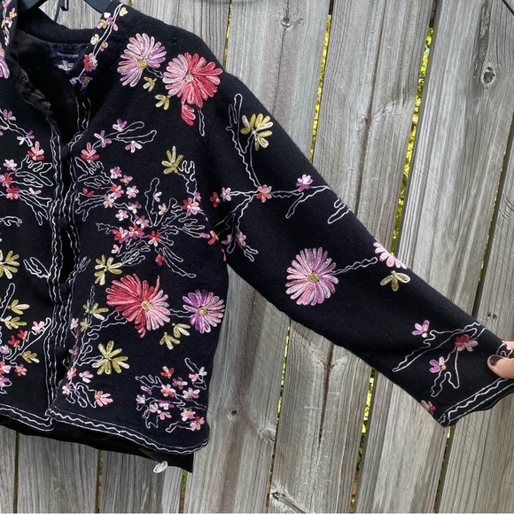 Boston Proper Acrylic Wool Blend Black Jacket with Colorful Floral Embroidery M - Picture 6 of 8